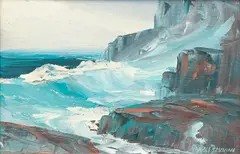 Arnold Banning, coastal seascape, most likely Massachusetts or Maine, oil on board, 6 by 9 1/2 inches, in a wood