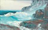 coastal seascape, most likely Massachusetts or Maine by Arnold Banning, oil on board, 6 by 9 1/2 inches, in a wood, offered Mar 2020