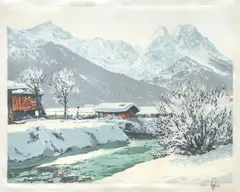 Alpine Valley in Winter, color by Hans Figura, etching on silk, offered Mar 2020