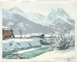 Hans Figura, Alpine Valley in Winter, color, etching on silk