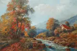 painting of a stream by R. Eicher, oil on canvas measuring 24 by 36 inches, in a gold, offered Mar 2020