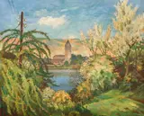 View of "Mouse Tower" pr Mäuseturm, is a stone tower on a small island in the Rhine, outside Bingen am Rhein, Germany by Robert Gerstenkorn, oil on board, 21 by 26 inches, in a painted wood, offered Mar 2020