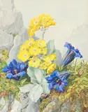 AMARYLLIS AND BUTTERCUPS in a Mountainous Landscape by L.B.L., circa 1950, watercolor, Size: 12'' h., 9 1/4' inches, offered Mar 2020