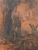 Farmer Taking a Break From Chopping Wood by Herman Pfeifer, graphite on paper, offered Mar 2020
