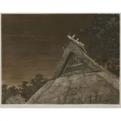 Tanaka Ryohei, Untitled (Thatched House at Dusk), 1983, etching, [approximate dimensions -