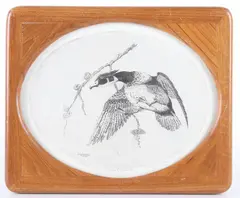 Untitled by S. Monthand, etching wood duck on branch, offered May 2022