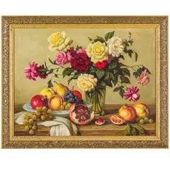 Boris Valentinovich Shcherbakov, San Pietroburgo, 1916 - Mosca, 1995 / Natura morta con rose autunnali e frutta / Firmato B Shcherbakov e datato 88 in basso a / destra, oil on cardboard
