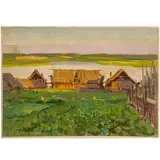 Niznyaya Salda, 1918 - 2003 / Il giardino a Nizhii Taghil / Firmato P Bortnov e datato 1948 in basso a sinistra by Petr Stepanovich Bortnov, oil on cardboard applicato on canvas, offered Jul 2024