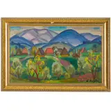 Andriy Andrievich Kotska, Uzhgorod, 1911 - 1987 / La periferia del villaggio / Firmato A Kotska e datato 83 in basso a destra, oil on canvas