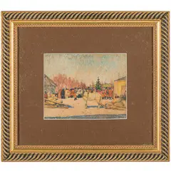 Konstantin Yuon, Mosca, 1875 - 1958 / Festa di paese con calesse / Firmato K Juon in basso a destra, Acquarello su carta