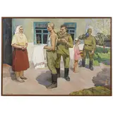 Zaporozhye, 1938 / Soldati nel villaggio / Firmato O Litovchenko in basso a sinistra by Boris Aleksandrovich Litovchenko, oil on canvas, offered Jul 2024