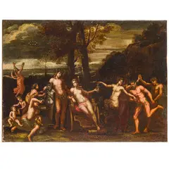 Coppia di paesaggi con scene mitologiche by Antonio Triva, oil on canvas, offered Sep 2024