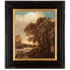 Salomon Rombouts, Paesaggio fluviale con campanile sullo sfondo e albero spezzato, oil on panel