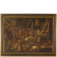Antonio Tibaldi, Natura morta con tessuti, versatóio, scultura, orologio e alzata con dolci, oil on canvas