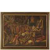 Antonio Tibaldi, Natura morta con tessuti, versatóio, scultura, orologio e alzata con dolci, oil on canvas