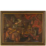 Antonio Tibaldi, Natura morta con tessuti, strumenti musicali, spartito e libri, oil on canvas