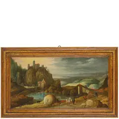 Tobias Verhaecht, Paesaggio montuoso con lago e ponte (1600 circa), oil on panel