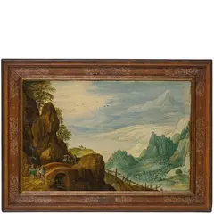 Marten Ryckaert, Paesaggio montuoso con pellegrini, oil on panel