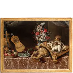Natura morta con chitarra, frutta, vaso di fiori e cagnolino Spaniel su un cuscino by Carlo Manieri, oil on canvas, offered Nov 2024