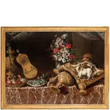 Carlo Manieri, Natura morta con chitarra, frutta, vaso di fiori e cagnolino Spaniel su un cuscino, oil on canvas