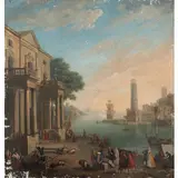 Veduta portuale di fantasia by Jean-Baptiste Lallemand, oil on canvas, offered Nov 2024
