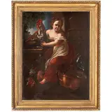 Domenico Guidobono, Giovane ragazza in un paesaggio con un gallo, un piccione e bacile di rame, oil on canvas