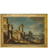 Veduta lacustre con pescatori e rovine classiche by Gaetano Vetturali, oil on canvas, offered Nov 2024
