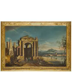 Veduta lacustre con barche, rovine classiche e figure by Gaetano Vetturali, oil on canvas, offered Nov 2024