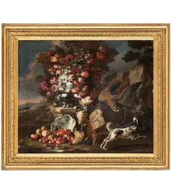 Nicola Casissa, Natura morta in un paesaggio con fiori, frutti, falco e cane, oil on canvas