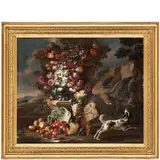 Nicola Casissa, Natura morta in un paesaggio con fiori, frutti, falco e cane, oil on canvas