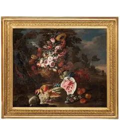 Nicola Casissa, Natura morta in un paesaggio con fiori, frutti e coniglio, oil on canvas