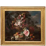 Nicola Casissa, Natura morta in un paesaggio con fiori, frutti e coniglio, oil on canvas