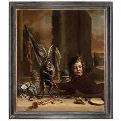 Jan Weenix, Trompe l'oeil con un ragazzo e una scimmia in un giardino all'italiana, oil on canvas