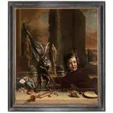 Jan Weenix, Trompe l'oeil con un ragazzo e una scimmia in un giardino all'italiana, oil on canvas