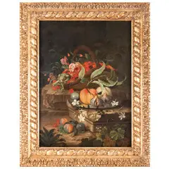 Maximilian Pfeiler, Natura morta con fiori, versatoio e bicchieri / Natura morta con frutti e fiori, oil on canvas