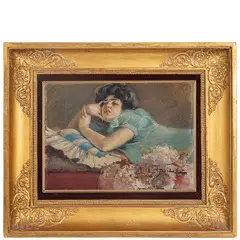 Aleardo Villa, Rovello, 1865 - Milano, 1906 / Pensierosa / Firmato A Villa in basso a destra, oil on cardboard