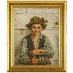 Alessandro Milesi, Venezia, 1856 - 1945 / Ragazzo con la gabbietta / Firmato Milesi Venezia in basso a destra, oil on canvas