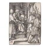 Albrecht Durer, Pilate Washing His Hands, from The Small Passion (Bartsch 36, Meder, Hollstein 145, Schoch, Mende, Scherbaum 206), c. 1509, Woodcut on laid paper with partial High Crown watermark (Meder 20), from the Latin book edition of 1511