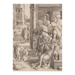 Lucas van Leyden, The Poet Virgil Suspended in a Basket (Bartsch, Hollstein, New Hollstein 136), 1525, Engraving on thin laid paper without watermark, Hollstein's first state (of 3), trimmed to or just within the platemark