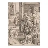 Lucas van Leyden, The Poet Virgil Suspended in a Basket (Bartsch, Hollstein, New Hollstein 136), 1525, Engraving on thin laid paper without watermark, Hollstein's first state (of 3), trimmed to or just within the platemark