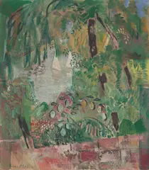 Blick auf See, mit Blättern und zwei weißen Segelbooten by Oskar Moll, 1943, Öl auf Leinwand, sold Dec 2022