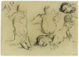 Käthe Kollwitz, Säuglingsskizzen, 1903, Schwarze und etwas weiße Kreide auf gelblichem Bütten (Wasserzeichen: E.T PL BAS)