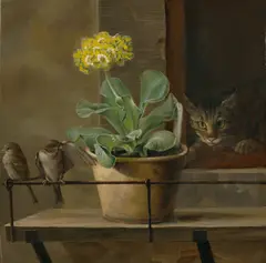 Martinus Christian Wesseltoft Rørbye, Stillleben mit einer Primel in einem Blumentopf, einer Katze und zwei Sperlingen, 1823, Öl auf Leinwand