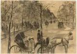 Lesser Ury, Allee im Tiergarten mit Kutschen, Um 1920, Kohle auf leichtem, gelblichem Schoellershammer-Karton