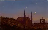 Carl Gustav Carus, Gotische Kirche über Baumwipfeln bei Mondenschein“ („Kleine Mondscheinlandschaft mit Kirchlein“)