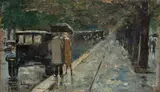 Lesser Ury, Straße im Tiergarten (Bellevuestraße?), Berlin, Öl auf Leinwand auf Karton, auf Holz aufgezogen
