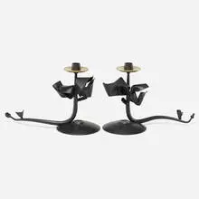 Tuft candleholders, pair by Albert Paley, 2001, forged mild steel with a blackened patina, removable brass bobeches (collars), sold Jul 2022