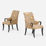 Lounge chairs, pair by Modern, c. 1950, lacquered wood, upholstery, sold Jul 2022