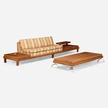 California Craft, Sofa and coffee table, c. 1960, walnut, upholstery, steel, frosted glass