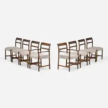 Harvey Probber, Dining chairs, set of eight, c. 1970, ash, teak, Jack Lenor Larsen upholstery